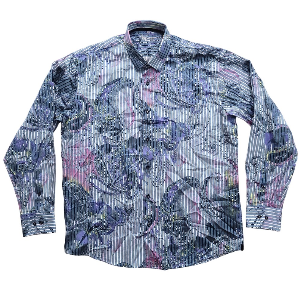 Visconti Uomo Shirt Mens L Blue Paisley Abstract Button Up Cotton Modal